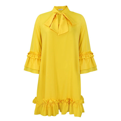 Bow-Neck Tunic Dress with Ruffled Hem and Cuffs