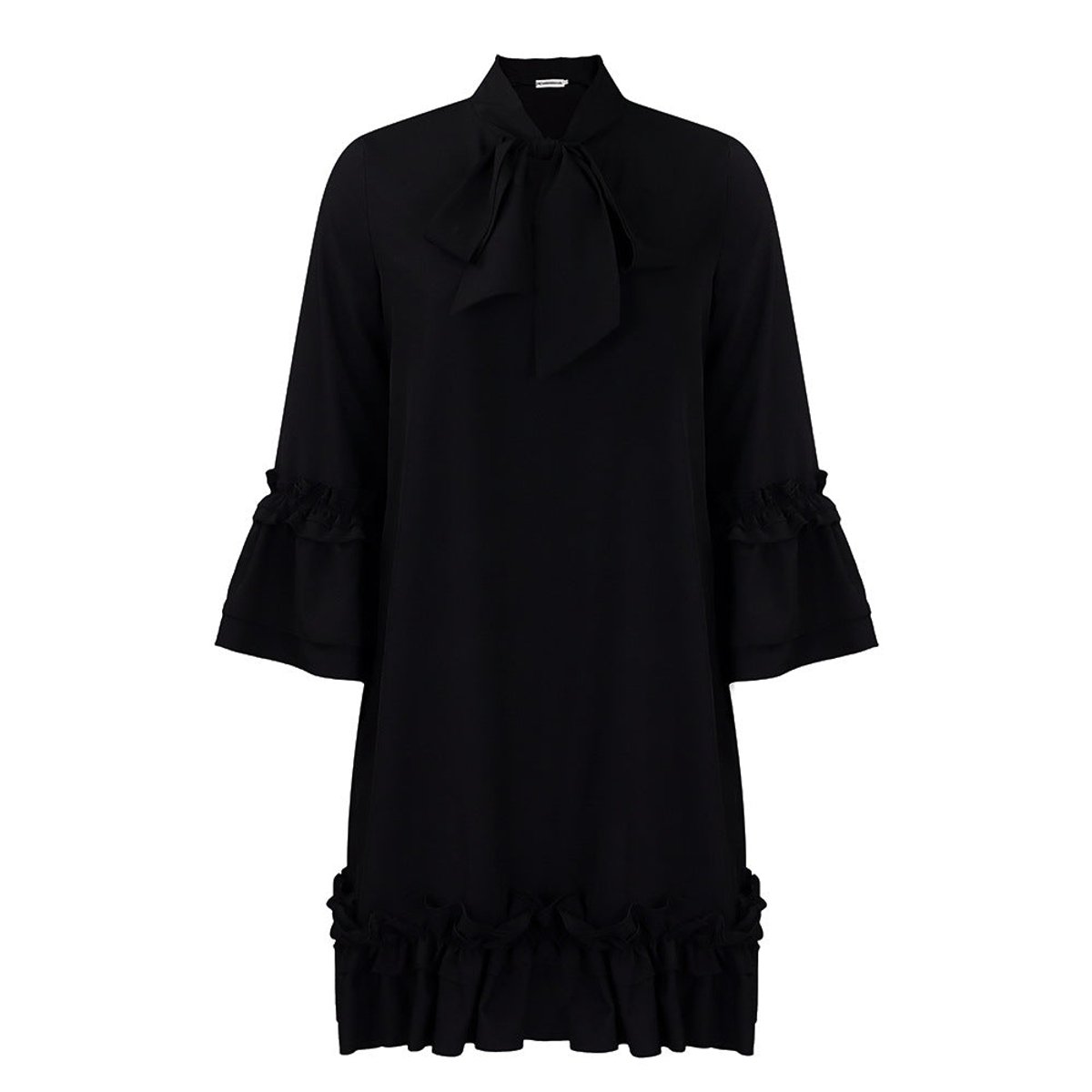 Bow-Neck Tunic Dress with Ruffled Hem and Cuffs