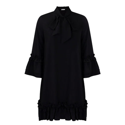 Bow-Neck Tunic Dress with Ruffled Hem and Cuffs