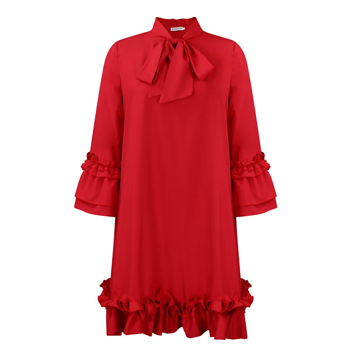 Bow-Neck Tunic Dress with Ruffled Hem and Cuffs