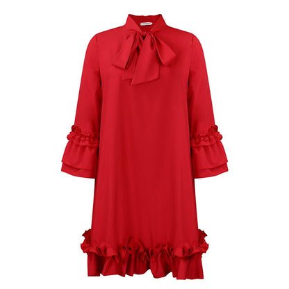 Bow-Neck Tunic Dress with Ruffled Hem and Cuffs