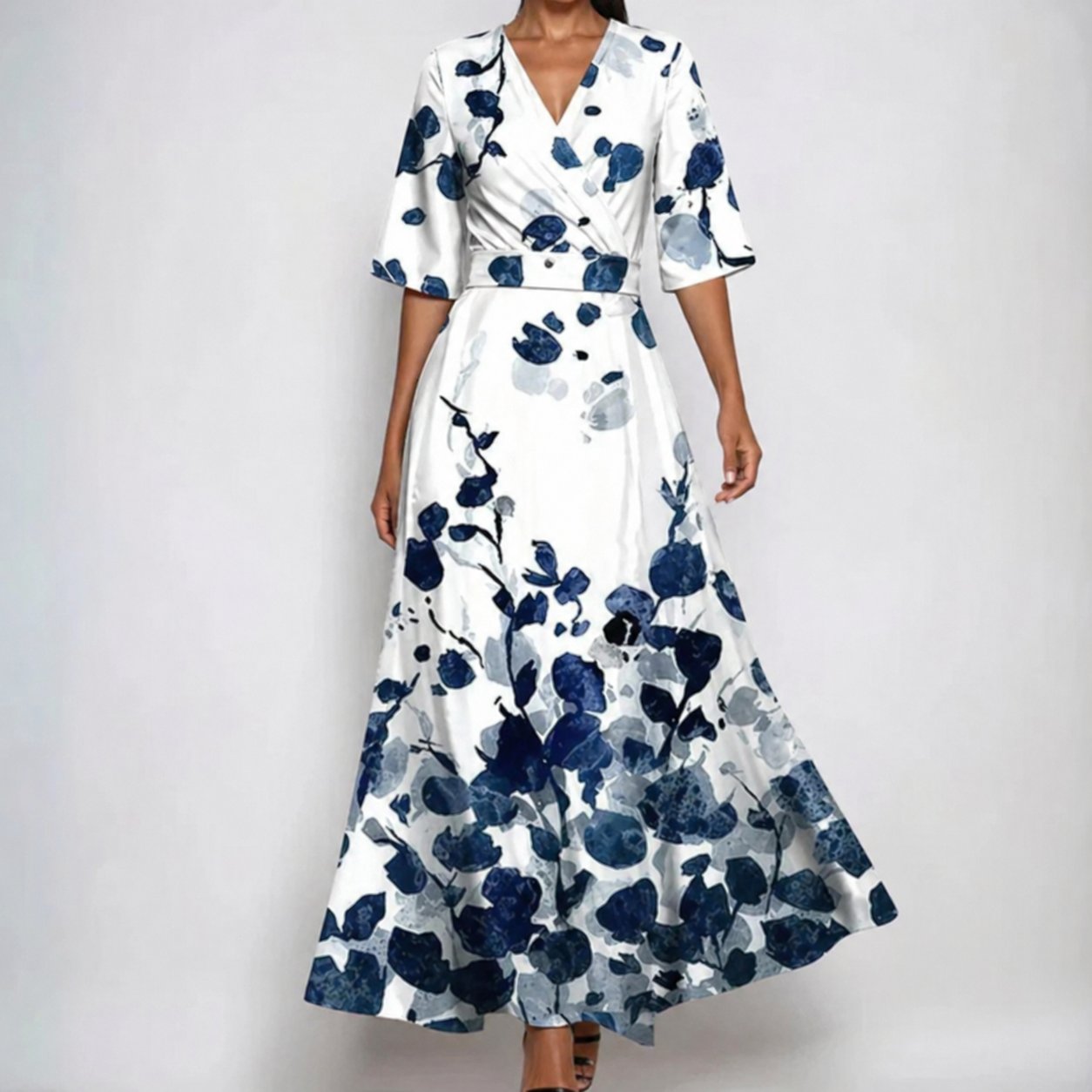 V-Neck Floral Wrap Maxi Dress