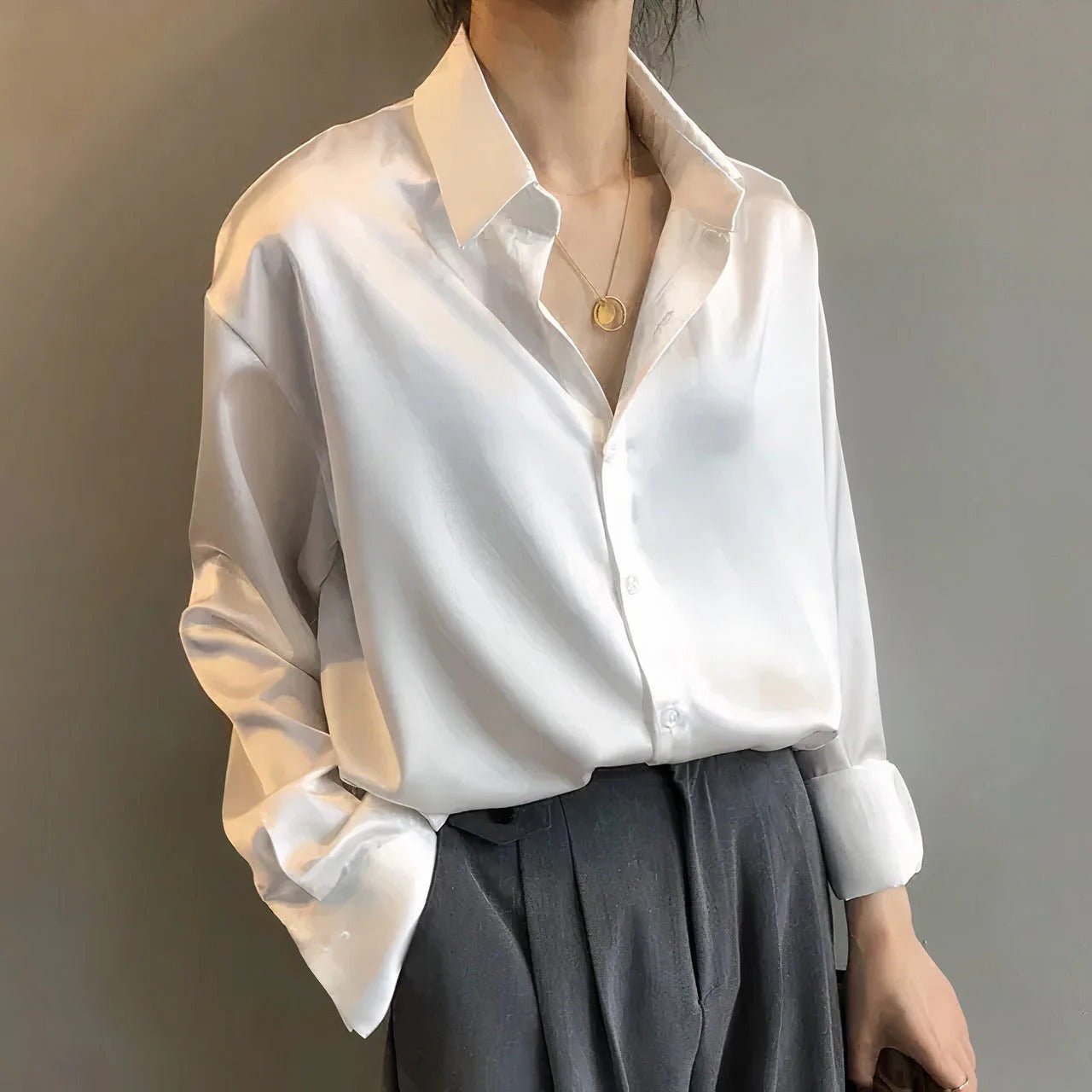Long Sleeve Button-Through Satin Blouse