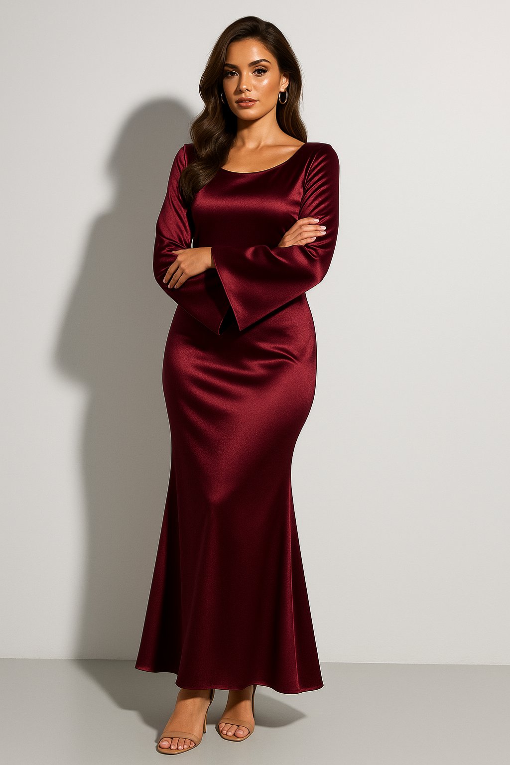 Fluted Sleeve Satin Fishtail Evening Gown