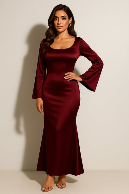 Fluted Sleeve Satin Fishtail Evening Gown