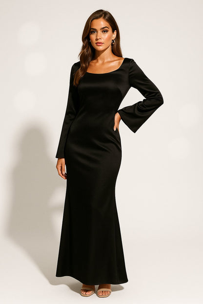 Fluted Sleeve Satin Fishtail Evening Gown
