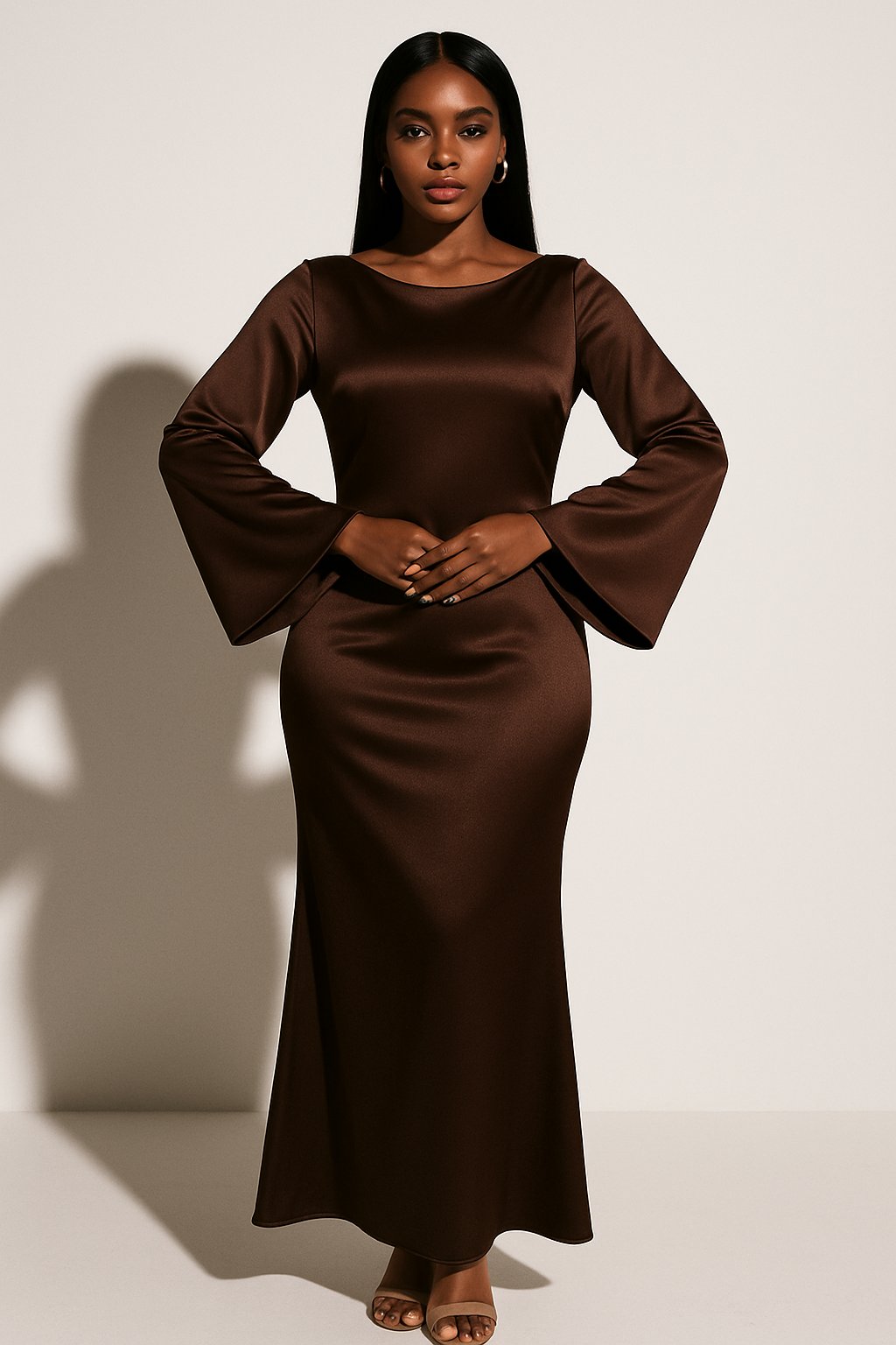 Fluted Sleeve Satin Fishtail Evening Gown