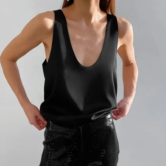Satin Relaxed-Fit Sleeveless Top Deep U-Neck for Women