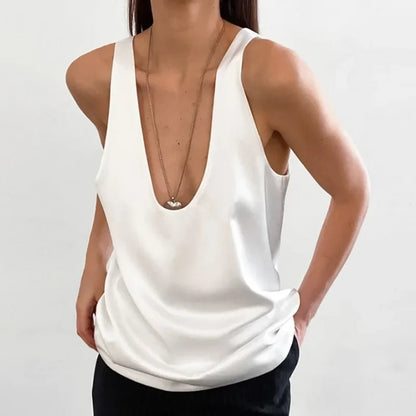 Satin Relaxed-Fit Sleeveless Top Deep U-Neck for Women