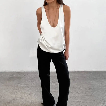 Satin Relaxed-Fit Sleeveless Top Deep U-Neck for Women