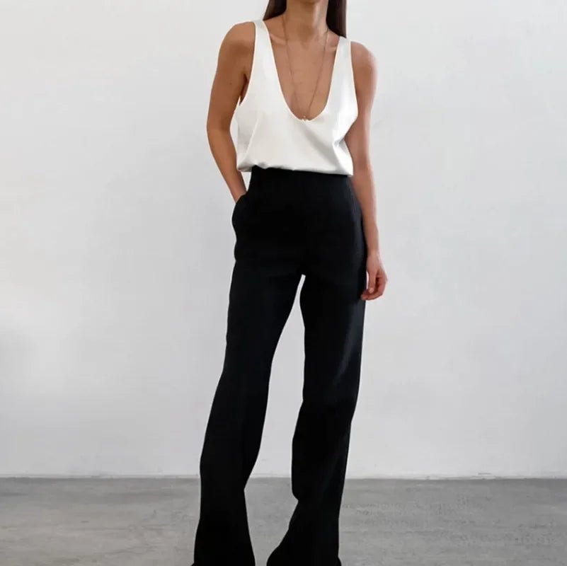 Satin Relaxed-Fit Sleeveless Top Deep U-Neck for Women