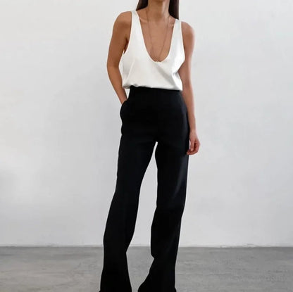 Satin Relaxed-Fit Sleeveless Top Deep U-Neck for Women