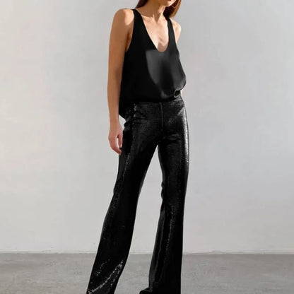 Satin Relaxed-Fit Sleeveless Top Deep U-Neck for Women