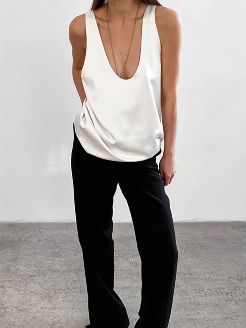 Satin Relaxed-Fit Sleeveless Top Deep U-Neck for Women