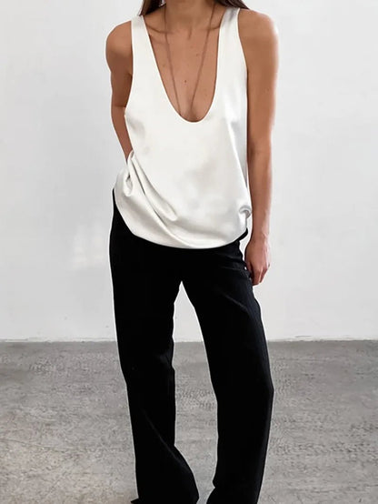 Satin Relaxed-Fit Sleeveless Top Deep U-Neck for Women
