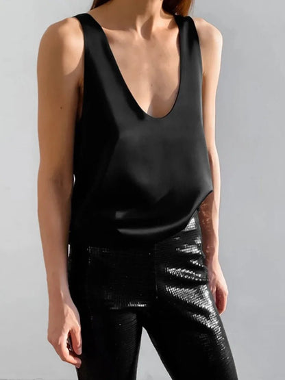 Satin Relaxed-Fit Sleeveless Top Deep U-Neck for Women