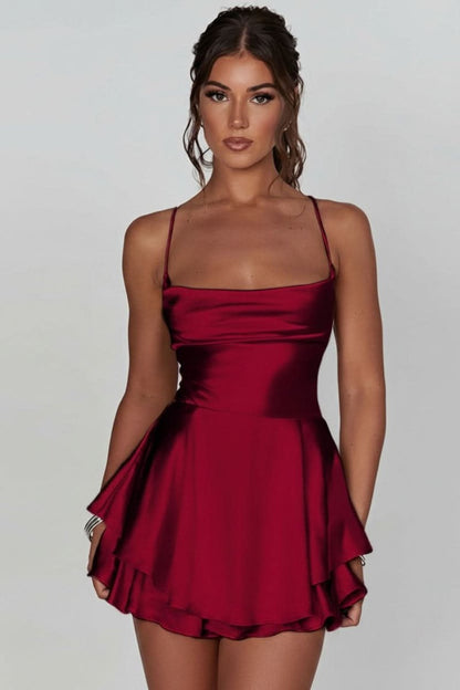 Square Neck Tiered Ruffle Satin Mini Dress