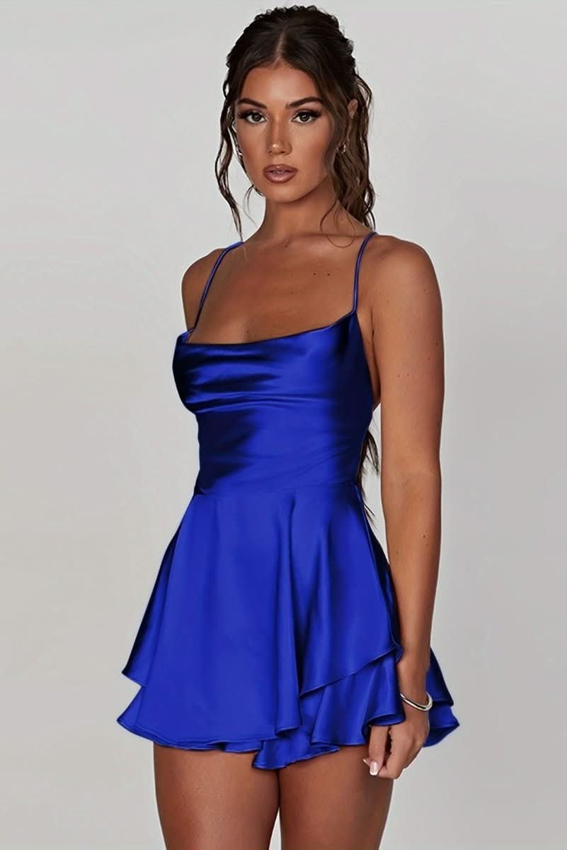 Square Neck Tiered Ruffle Satin Mini Dress