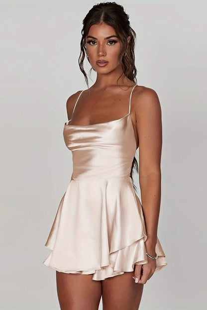 Square Neck Tiered Ruffle Satin Mini Dress