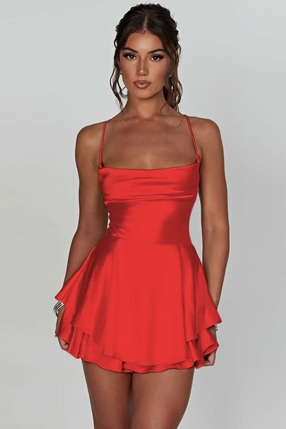Square Neck Tiered Ruffle Satin Mini Dress