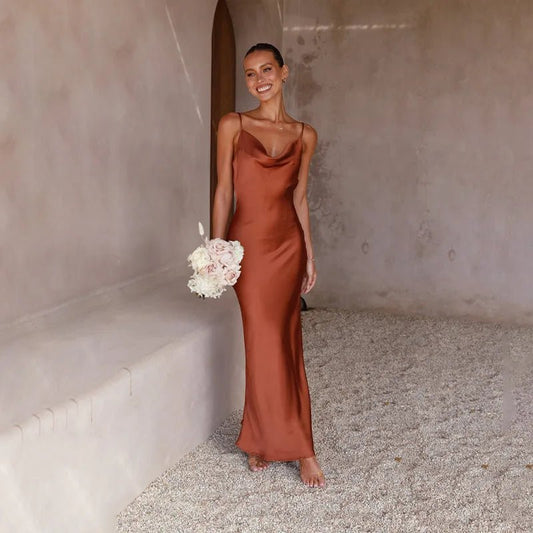Open-Back Silky Maxi Dress with Side Leg Slit