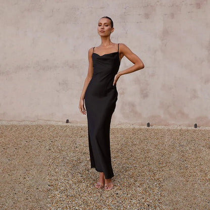 Open-Back Silky Maxi Dress with Side Leg Slit