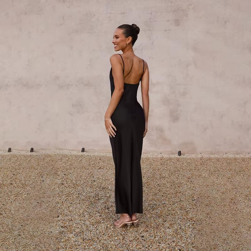 Open-Back Silky Maxi Dress with Side Leg Slit