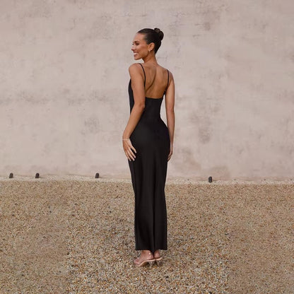 Open-Back Silky Maxi Dress with Side Leg Slit