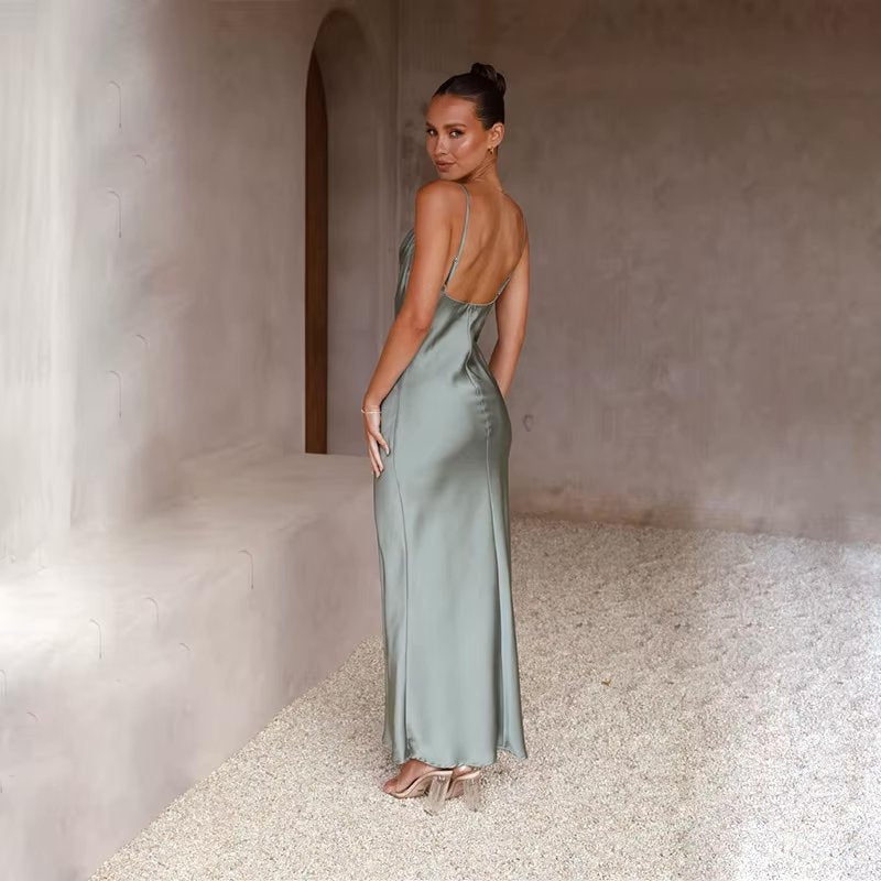 Open-Back Silky Maxi Dress with Side Leg Slit