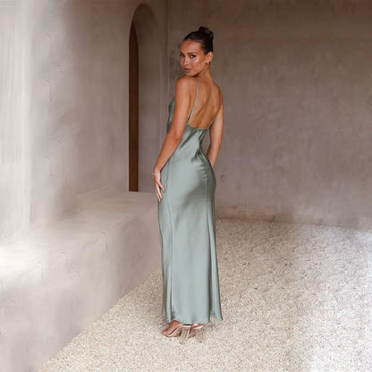 Open-Back Silky Maxi Dress with Side Leg Slit