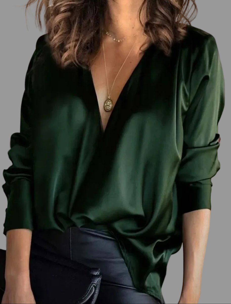 Long Sleeve Silky Satin V-Neck Blouse