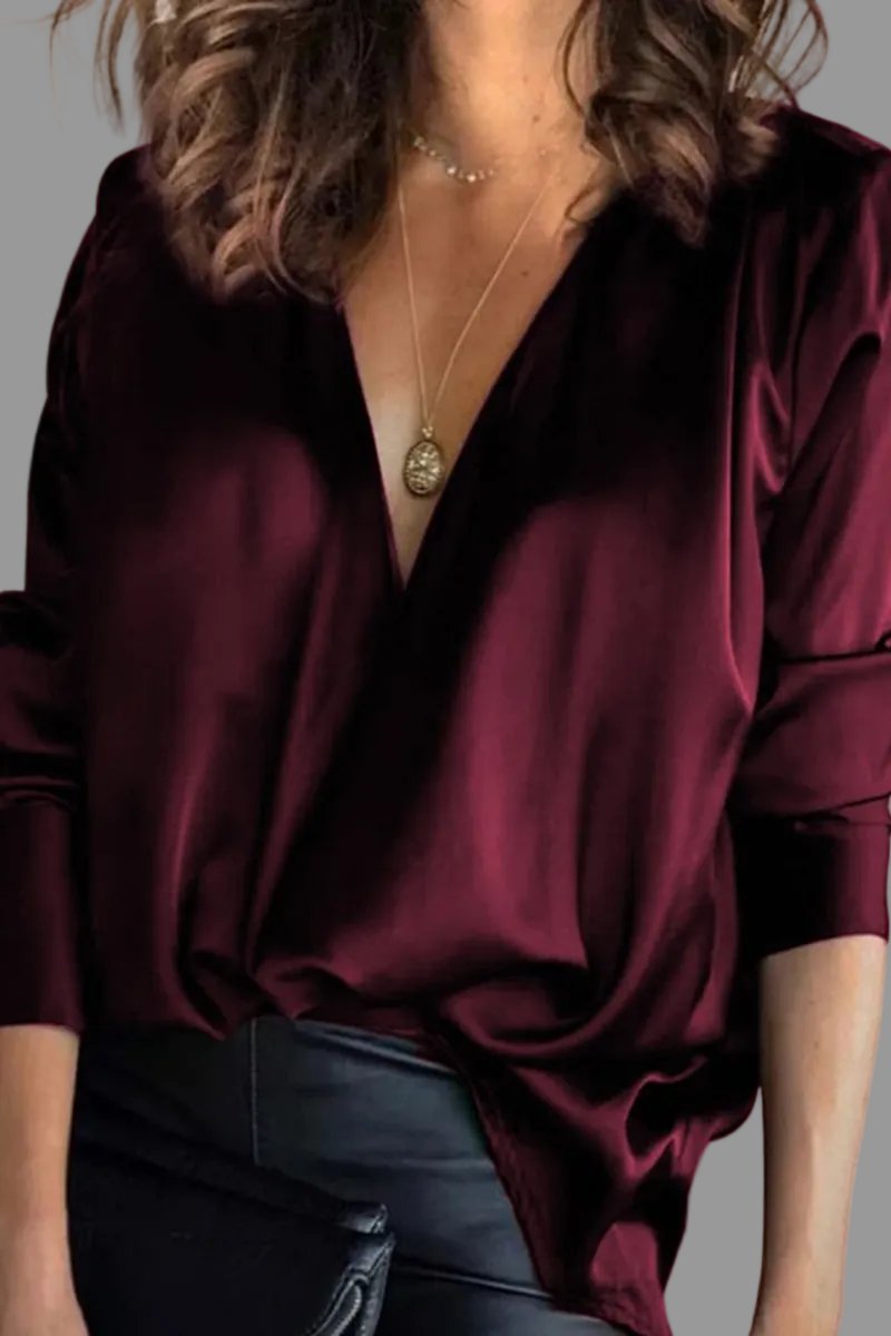 Long Sleeve Silky Satin V-Neck Blouse
