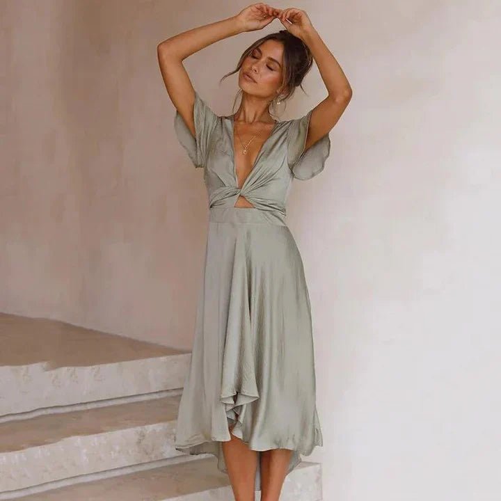Women's Tie-Front Satin Midi Dress with Flutter Sleeves