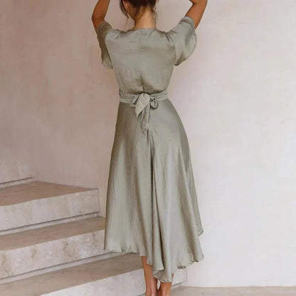 Women's Tie-Front Satin Midi Dress with Flutter Sleeves