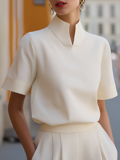 High-Neck Tailored Short Sleeve Blouse