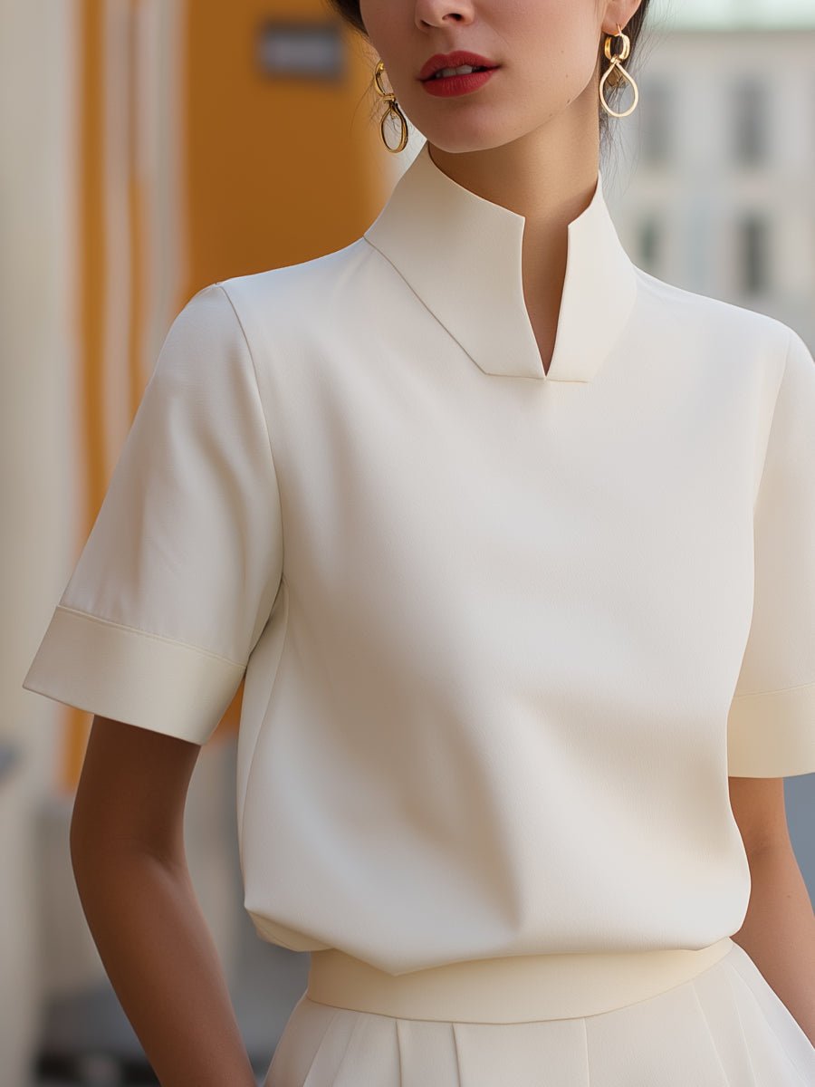 High-Neck Tailored Short Sleeve Blouse