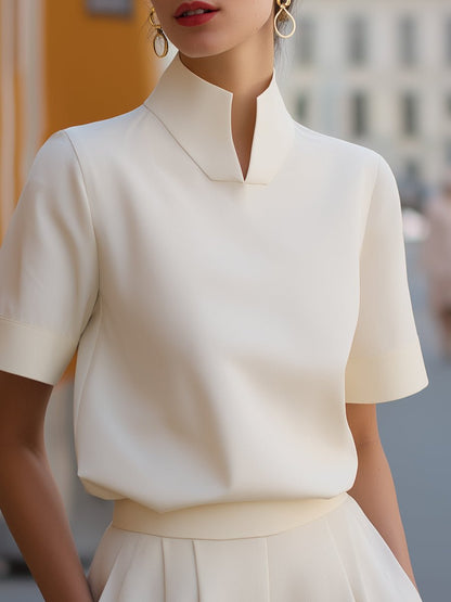 High-Neck Tailored Short Sleeve Blouse