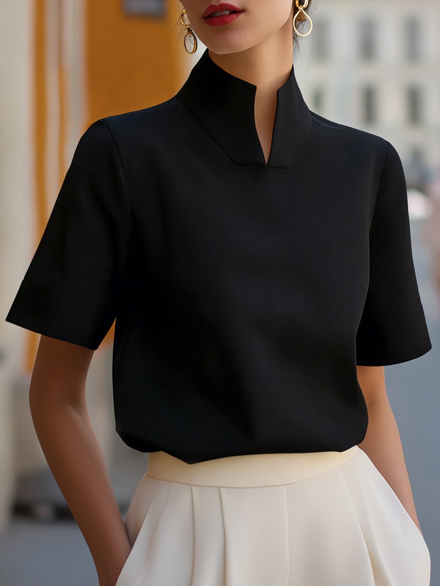 High-Neck Tailored Short Sleeve Blouse