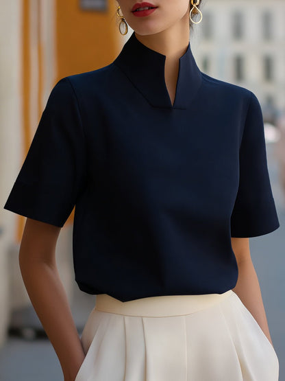 High-Neck Tailored Short Sleeve Blouse