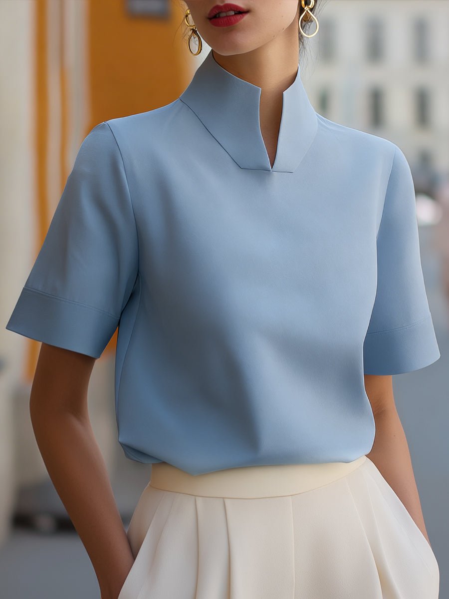 High-Neck Tailored Short Sleeve Blouse