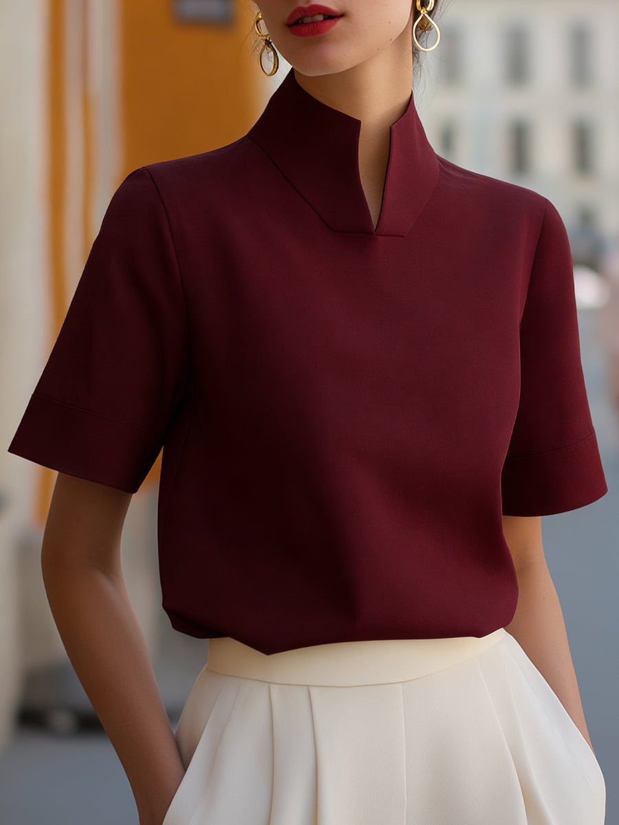 High-Neck Tailored Short Sleeve Blouse
