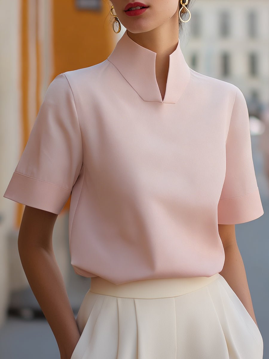 High-Neck Tailored Short Sleeve Blouse