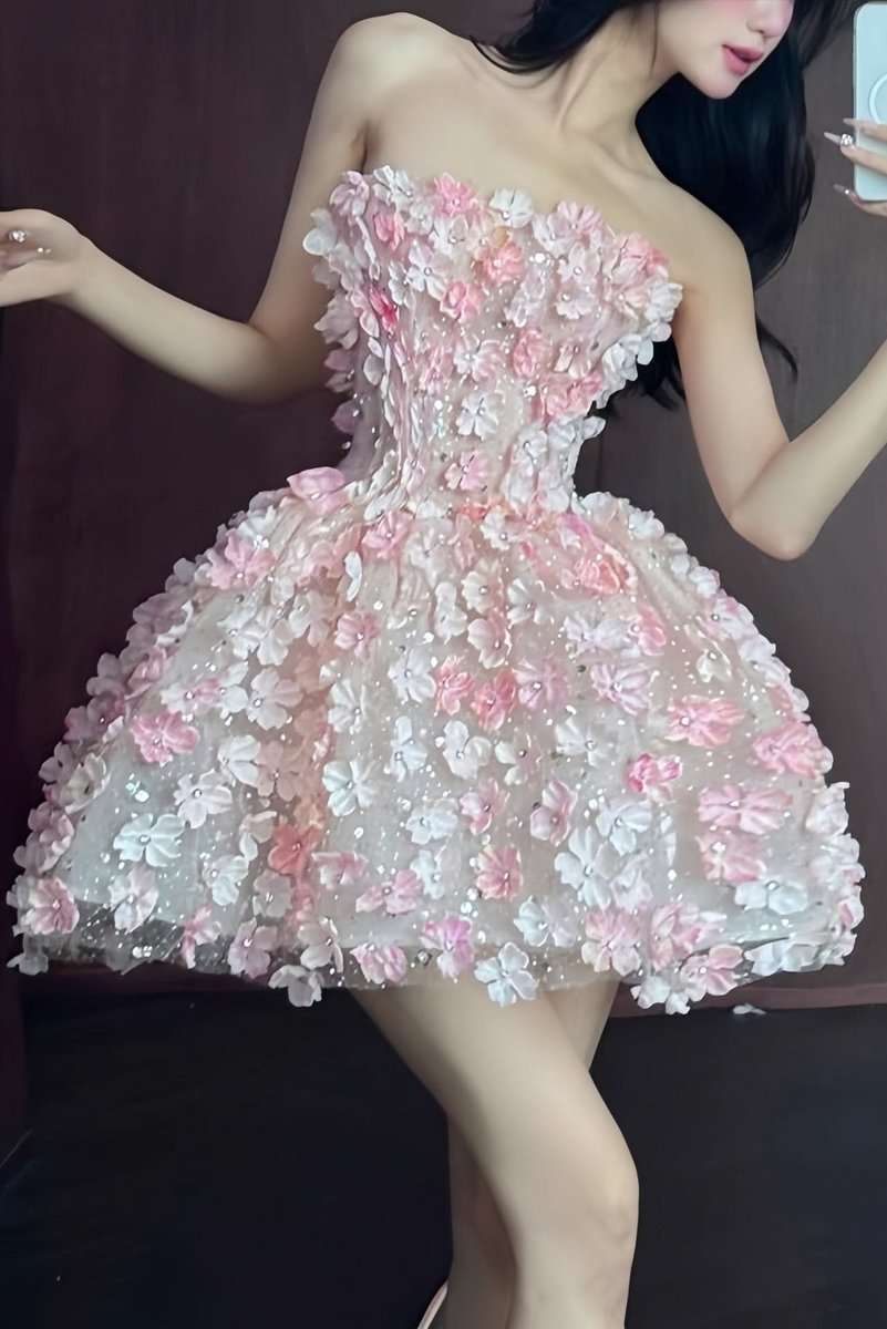 Strapless Floral Appliqué Mini Cocktail Dress