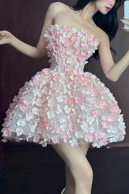 Strapless Floral Appliqué Mini Cocktail Dress