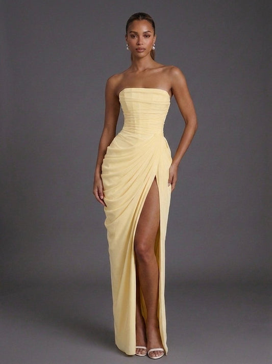 Boned Corset Bandeau Maxi Dress with Leg Slit
