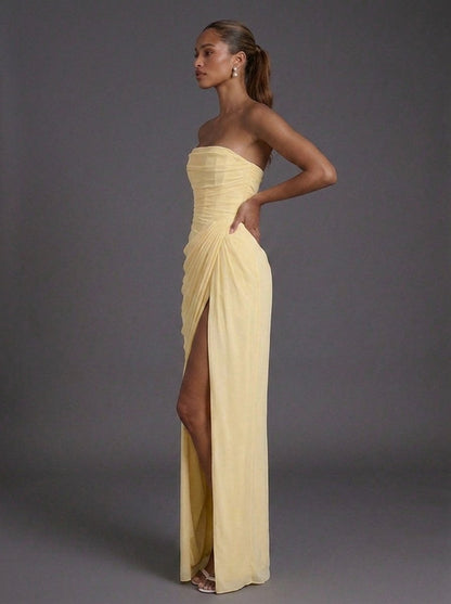 Boned Corset Bandeau Maxi Dress with Leg Slit