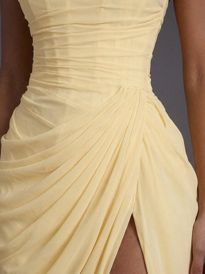 Boned Corset Bandeau Maxi Dress with Leg Slit