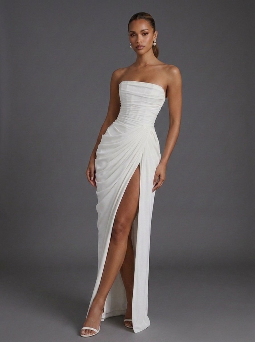Boned Corset Bandeau Maxi Dress with Leg Slit