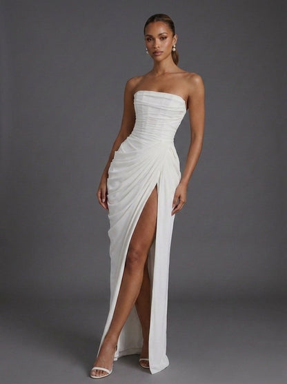 Boned Corset Bandeau Maxi Dress with Leg Slit