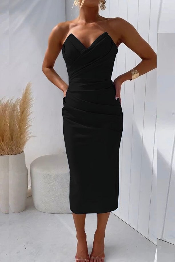 Gathered Front Strapless Midi Dress